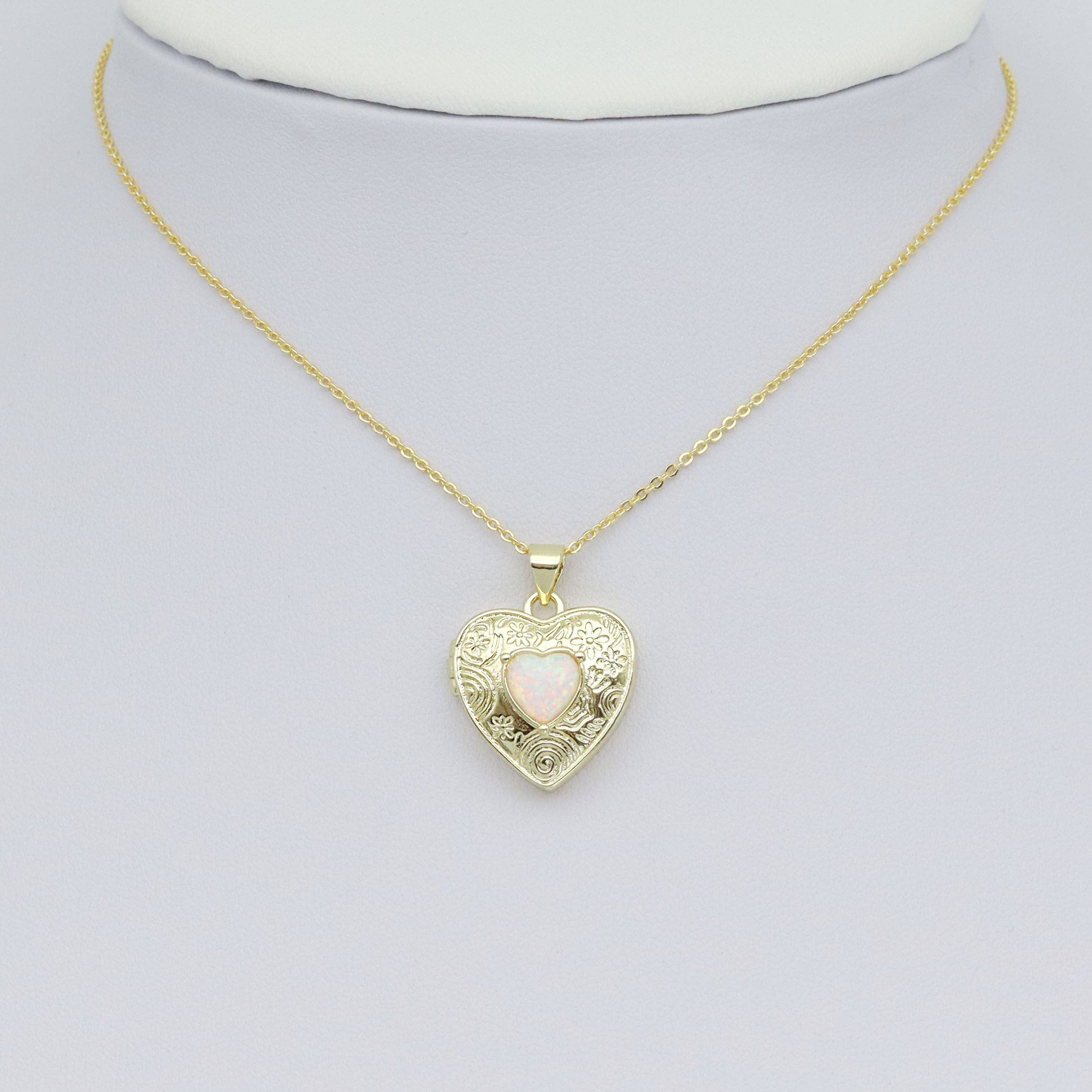 Gold Opal Heart Locket Charm Pendant, Sku#LX689