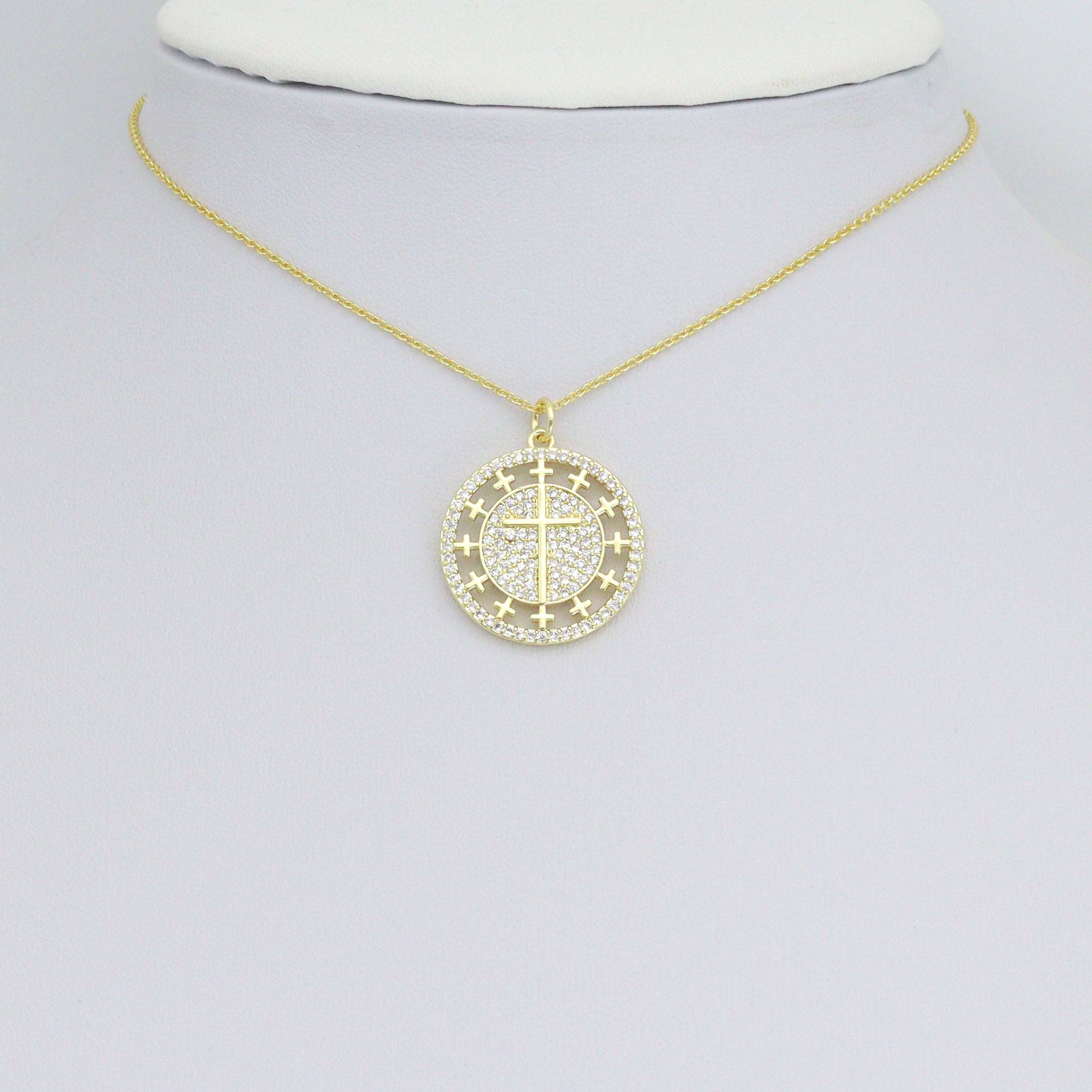 Clear CZ Gold Cross On Round Charm Pendant, Sku#L727