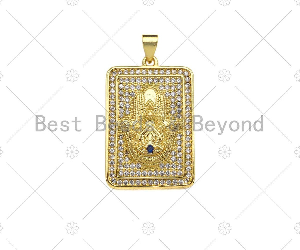 CZ Micro Pave Hamsa Hand On Rectangle Shape Pendant/Charm,Cubic Zirconia Medallion Charm, Necklace Bracelet Charm Pendant,18x28mm, Sku#LK219