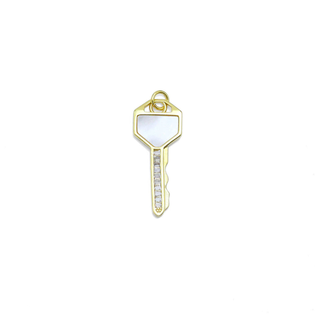 CZ Pave Mother of Pearl Key Charm Pendant, Sku#LK956