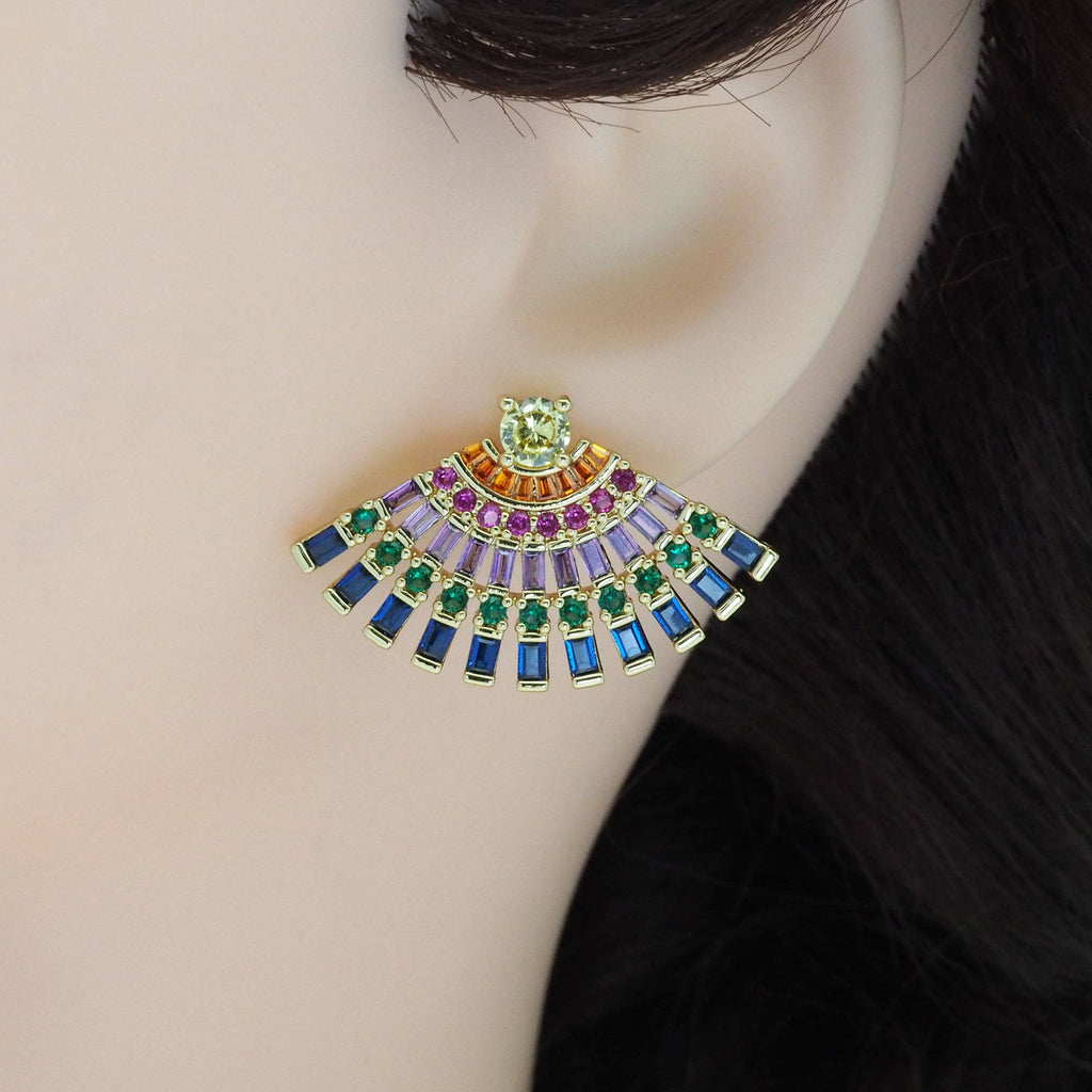 Gold Colorful Baguette CZ Fan Shape Stud Earrings, Sku#LD452