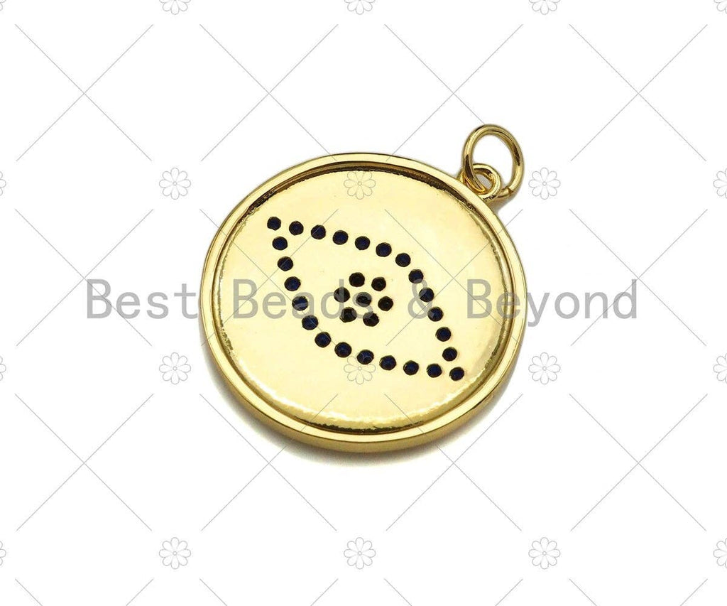 CZ Micro Pave Cobalt Blue Evil Eye On Round Coin Pendant/Charm,Cubic Zirconia Charm, Necklace Bracelet Charm Pendant,20x23mm, Sku#Y364