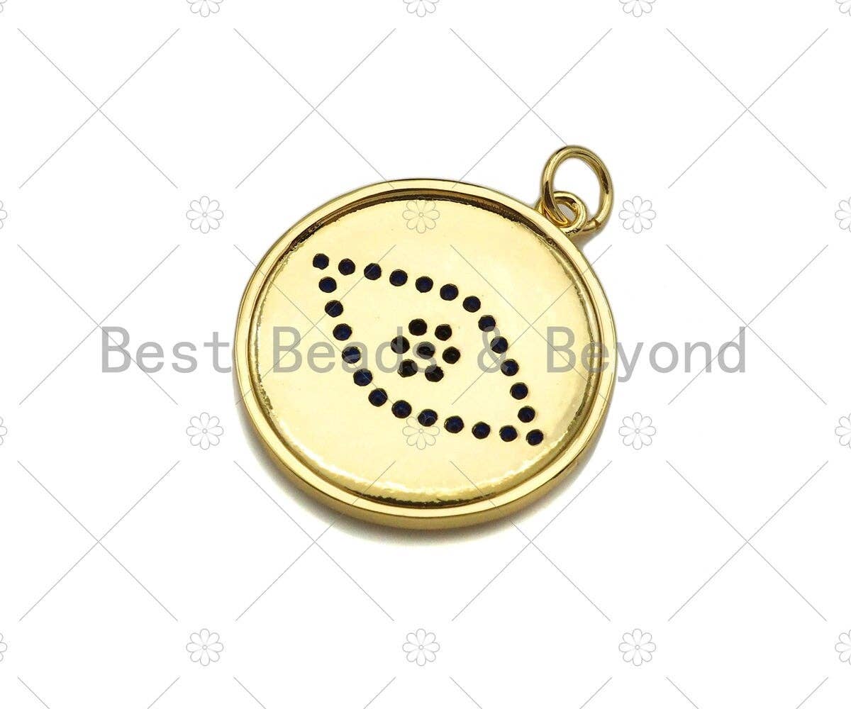 CZ Micro Pave Cobalt Blue Evil Eye On Round Coin Pendant/Charm,Cubic Zirconia Charm, Necklace Bracelet Charm Pendant,20x23mm, Sku#Y364