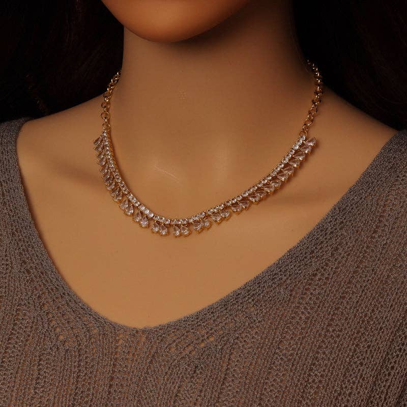 Gold Silver Rolo Chain Teardrop CZ Statement Necklace, Sku#EF586