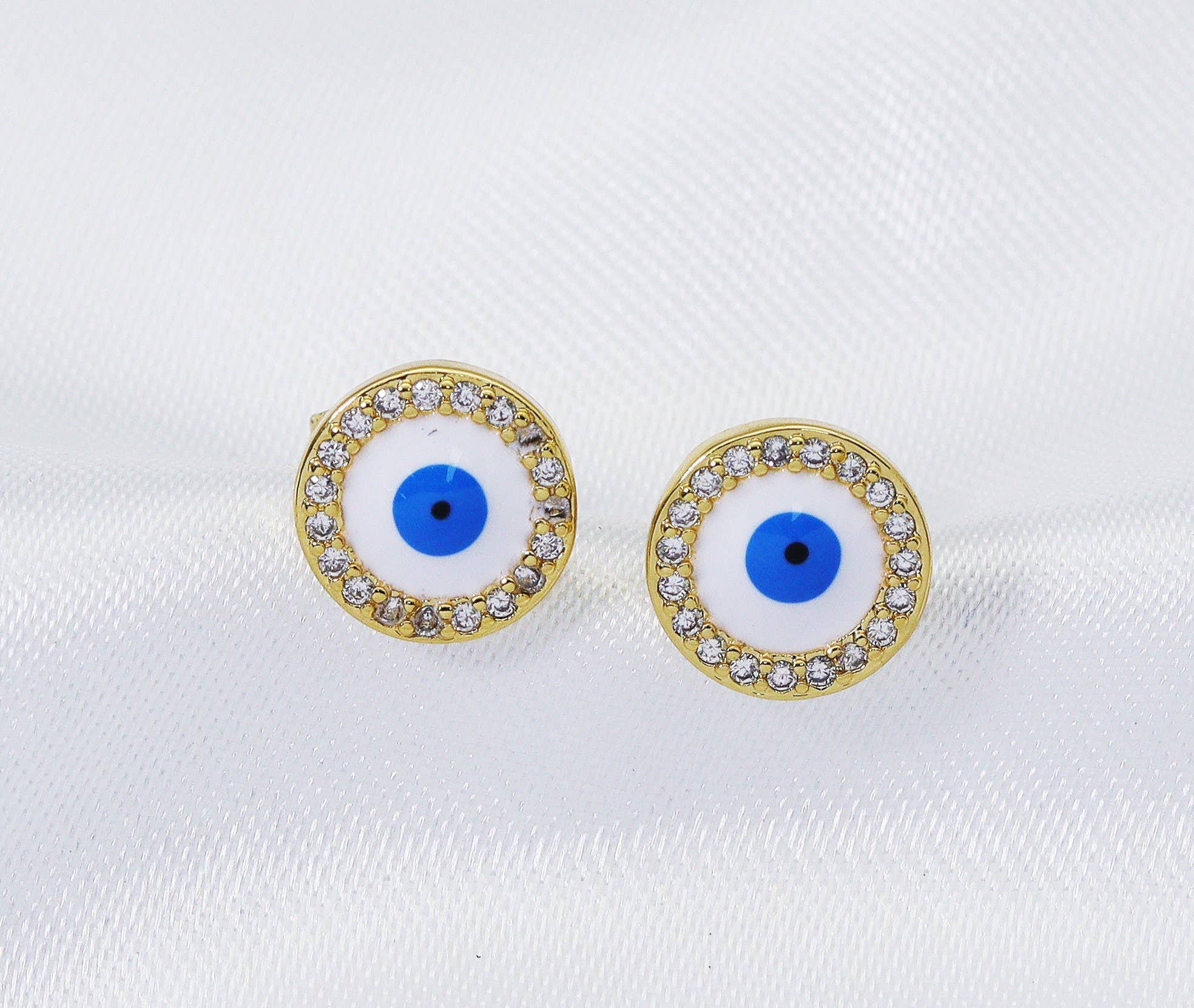 CZ Enamel Round Evil Eye Stud Earrings, Sku#LD273