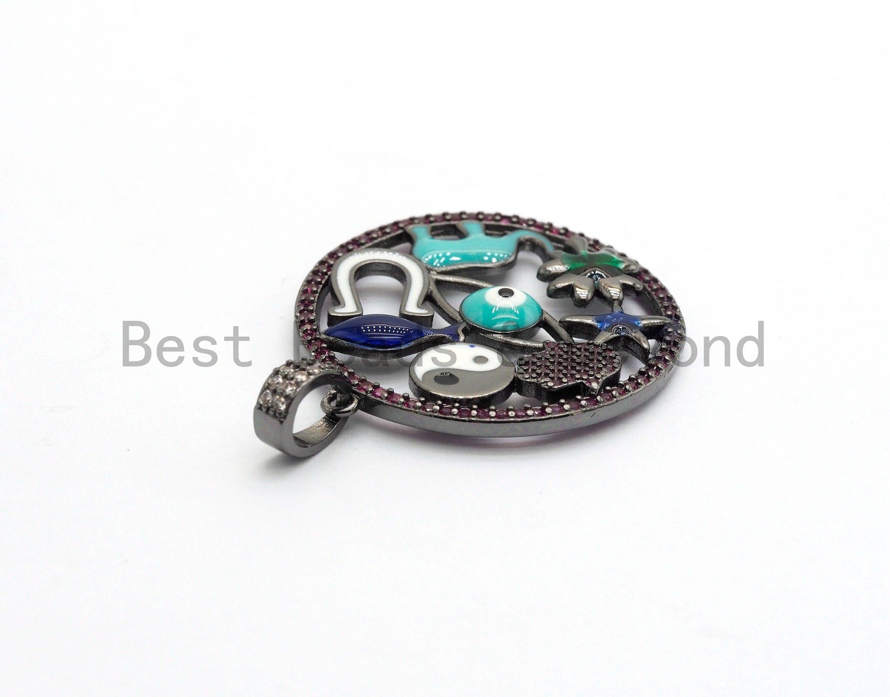 LARGE Enamel Round Artisan Protection Pendant,Black CZ Micro Pave Oil Drop Round pendant,Enamel pendant,Enamel Jewelry,32x34mm,sku#F595