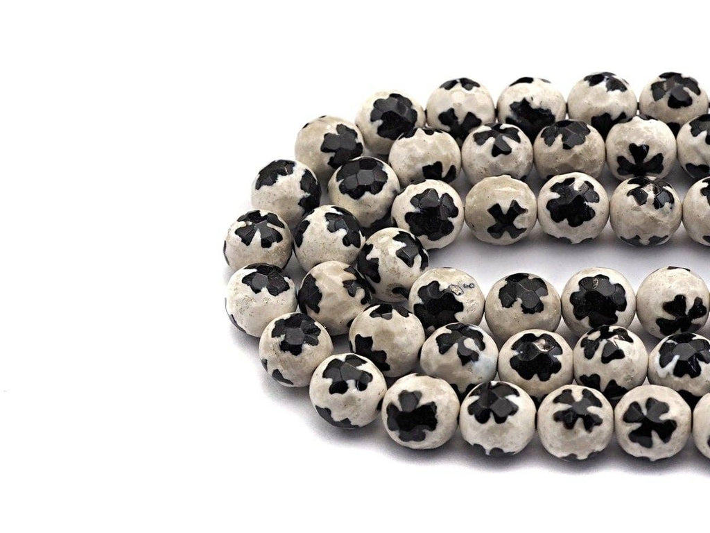 Quality Dzi Black White Aage with Flower Patten Beads, Round Faceted Tibetan Agate, 10mm beads, 15.5inch strand, SKU#U558