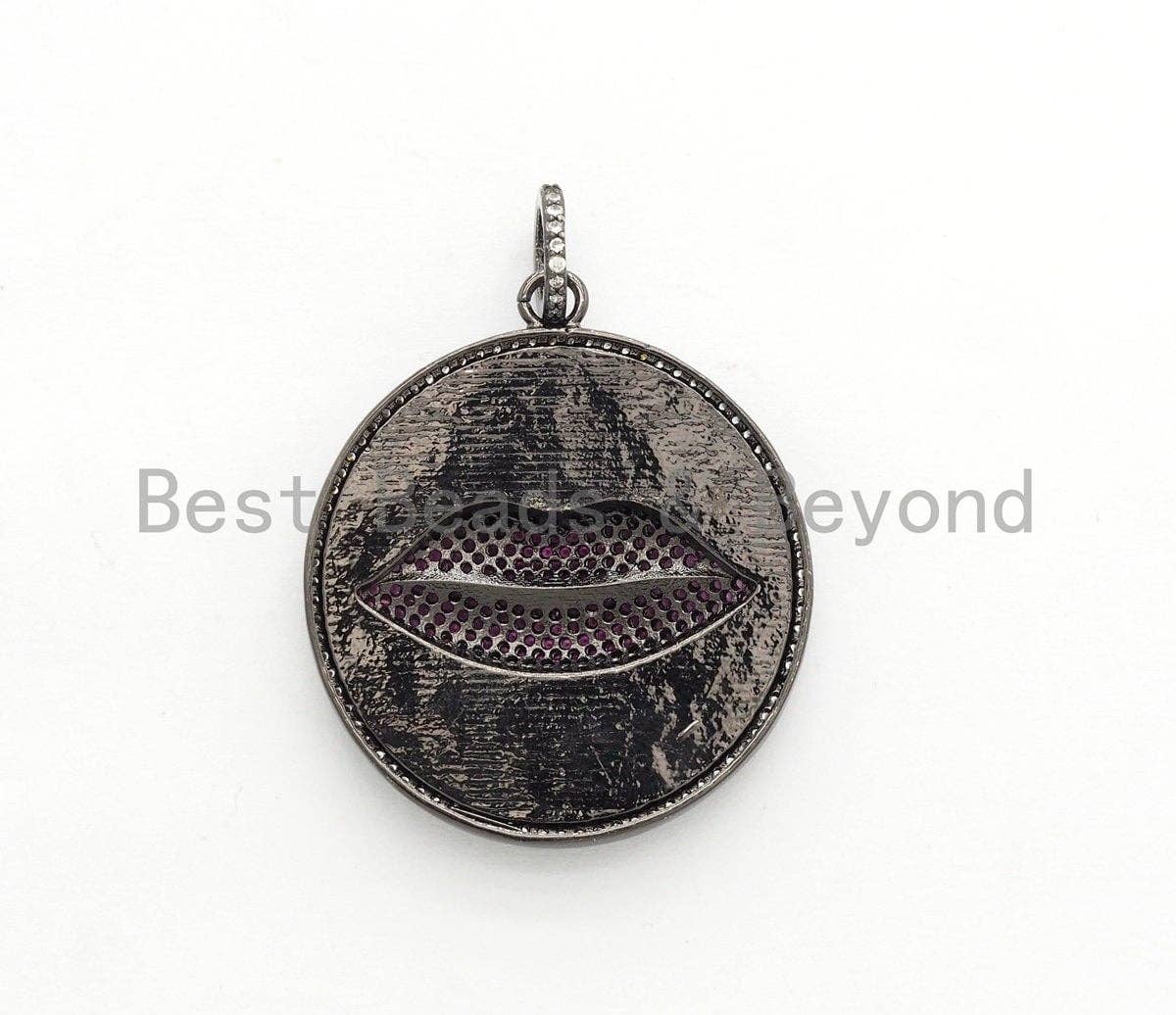 25mm/34mm Enamel Round Charm with  Fuchsia Lip, Enamel Pendant Charms, Enamel Oil Drop CZ Charm, Lip Kiss Charm,17x20mm,sku#F610