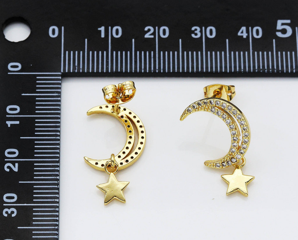 CZ Cresent Moon with Dangle Star Stud Earrings, Sku#LD301