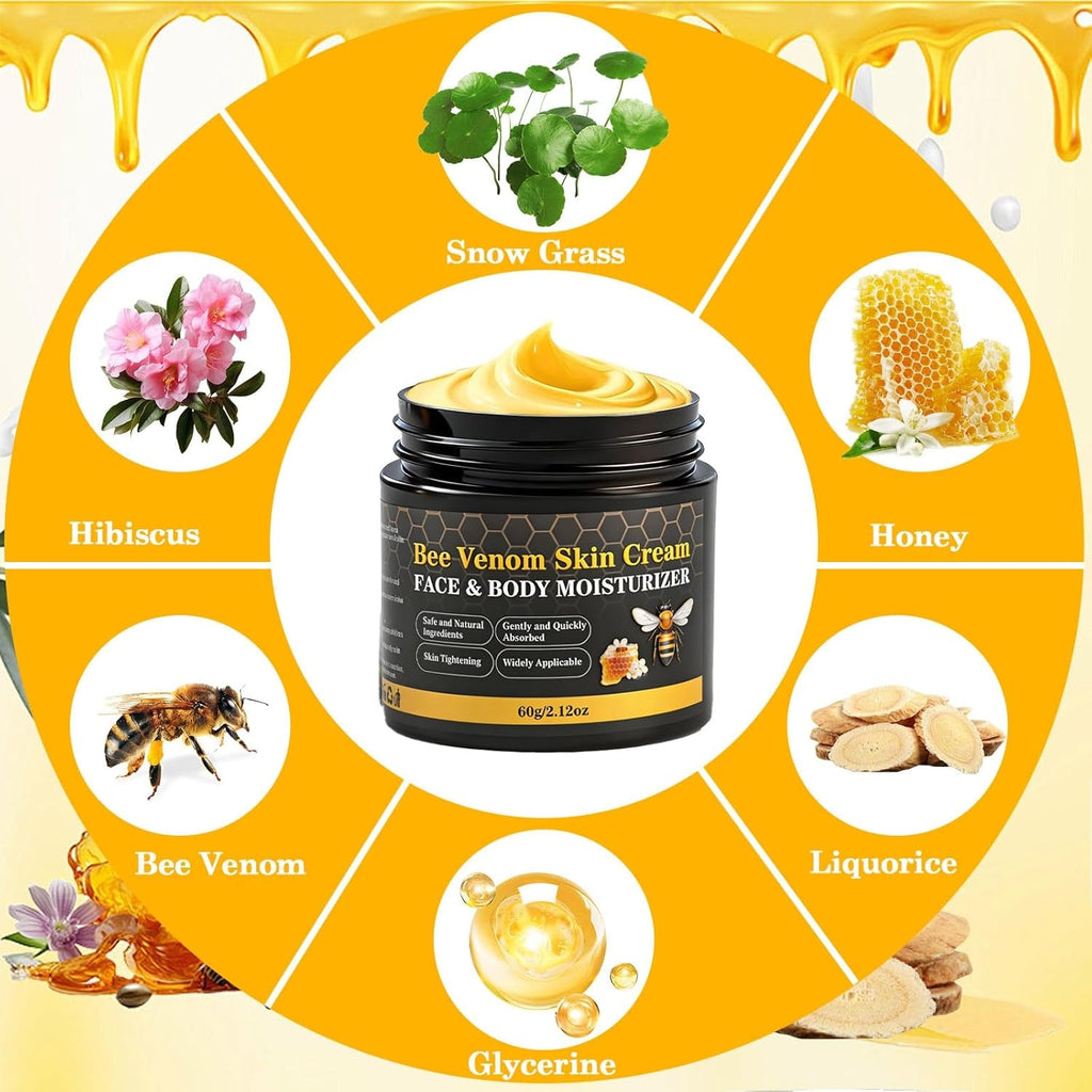 2PCS Bee Venom Skin Cream, Natural Ingredients Non-Irritating Bee Venom Cream, Wrinkle Lift & Firming, Reduces Blemishes, for Face & Full Body, 2 * 60G