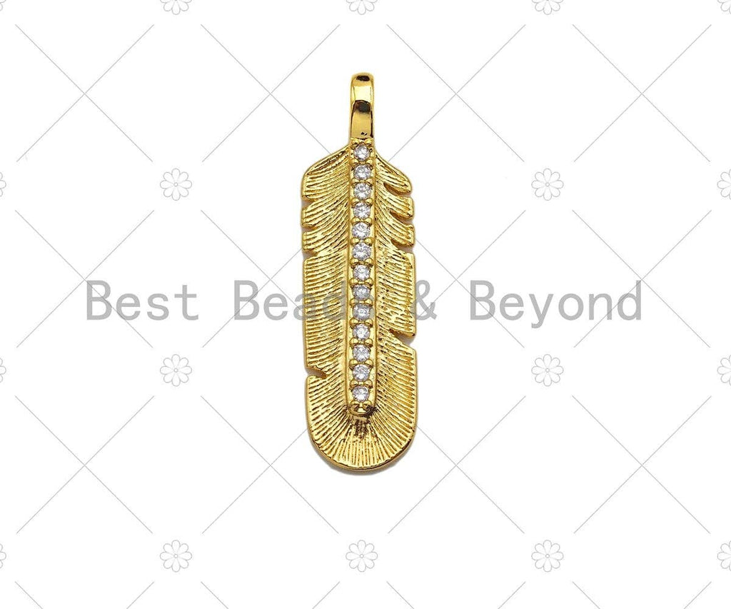 CZ Micro Pave Feather Shape Pendant/Charm,Cubic Zirconia Medallion Charm, Necklace Bracelet Charm Pendant,7x27mm, Sku#LK239