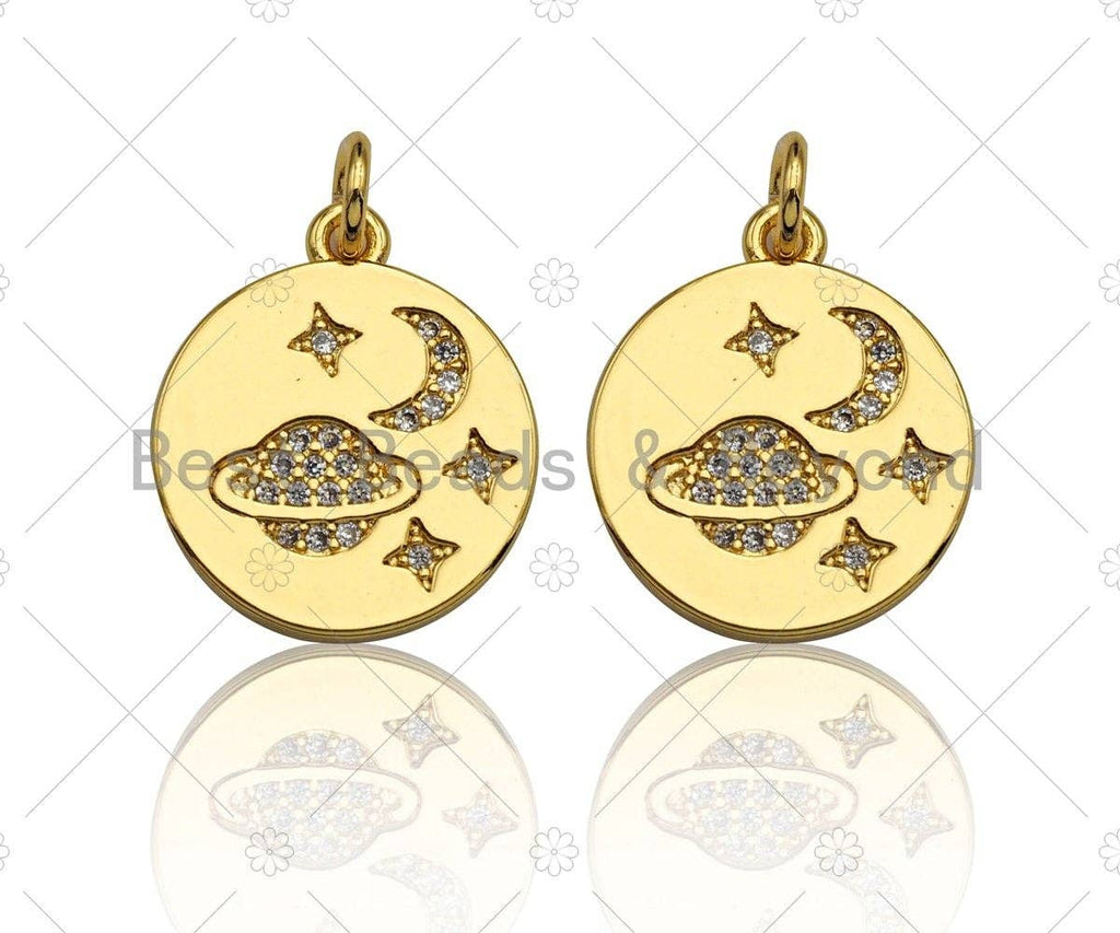 18k Shiny Gold Moon Earth Star On Round Coin Charms, Gold Coin Charms, Moon Pendant, Gold Pendant, Round Necklace Charms, 15x17mm, Sku#Z1170