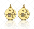 18k Shiny Gold Moon Earth Star On Round Coin Charms, Gold Coin Charms, Moon Pendant, Gold Pendant, Round Necklace Charms, 15x17mm, Sku#Z1170