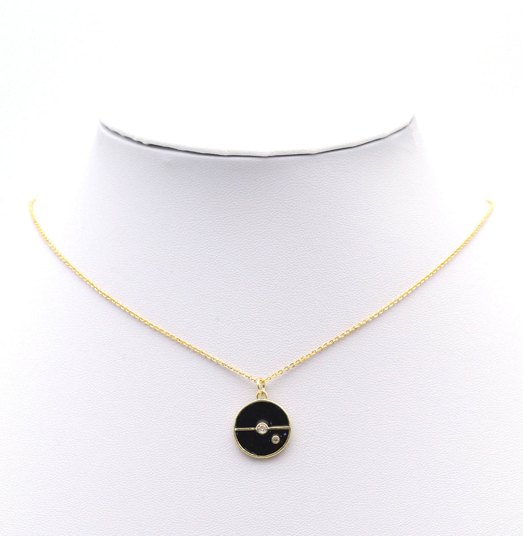 CZ Gold White/Black Enamel one line Round Coin Charm, Sku#LX150