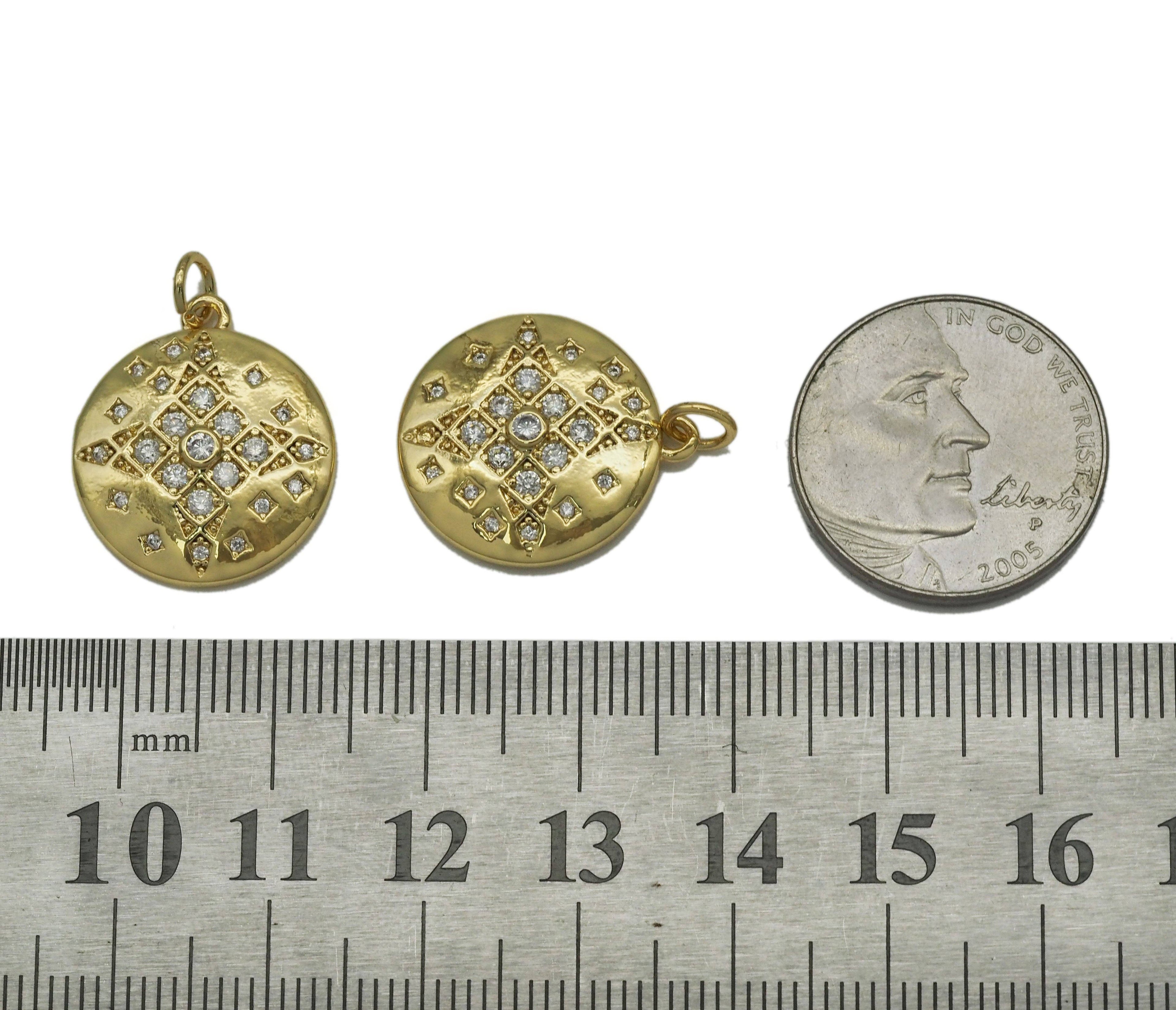 Gold CZ North Star On Round Coin Charm, Sku#LK685
