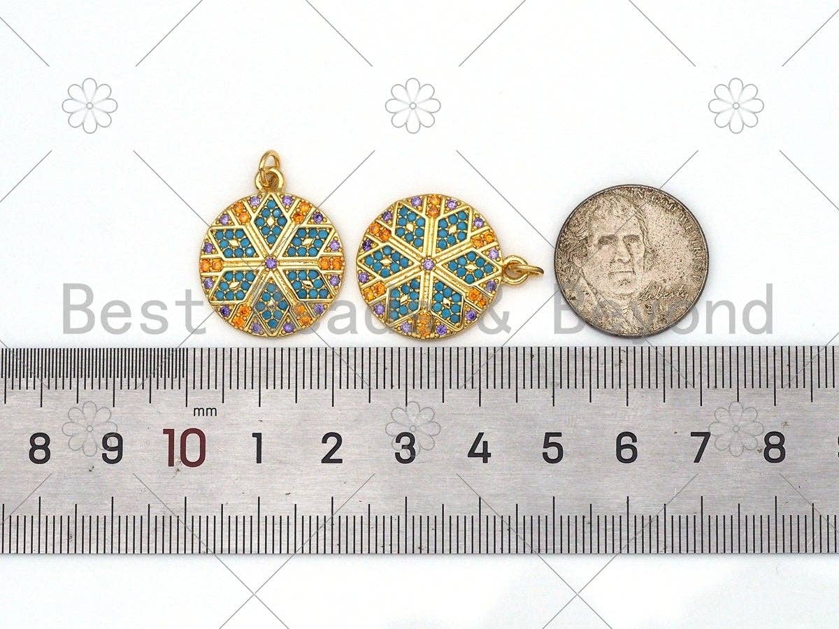 Colorful CZ MicroPave Flower Round Coin Shape Pendant, 18K Gold Filled CZ Flower Charm, Necklace Bracelet Charm Pendant,21x24mm, Sku#Y503