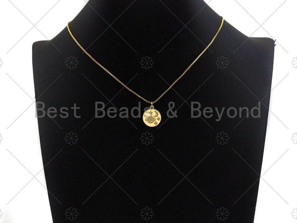 18k Shiny Gold Moon Earth Star On Round Coin Charms, Gold Coin Charms, Moon Pendant, Gold Pendant, Round Necklace Charms, 15x17mm, Sku#Z1170