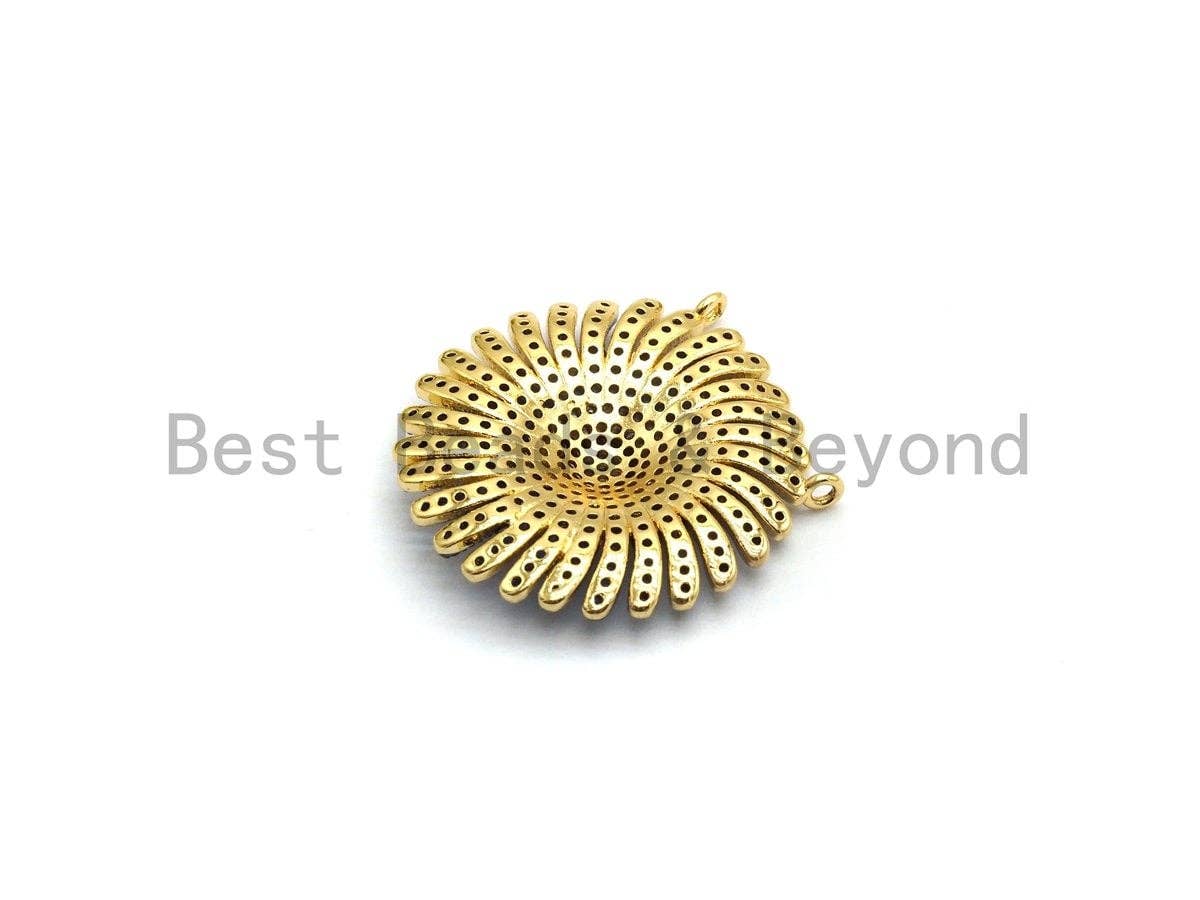 CZ Micro Pave Cobalt/Fuchsia/Green Sunflower Pendant, CZ Pave Focal Pendant, Gumental plated,28mm, sku#F653