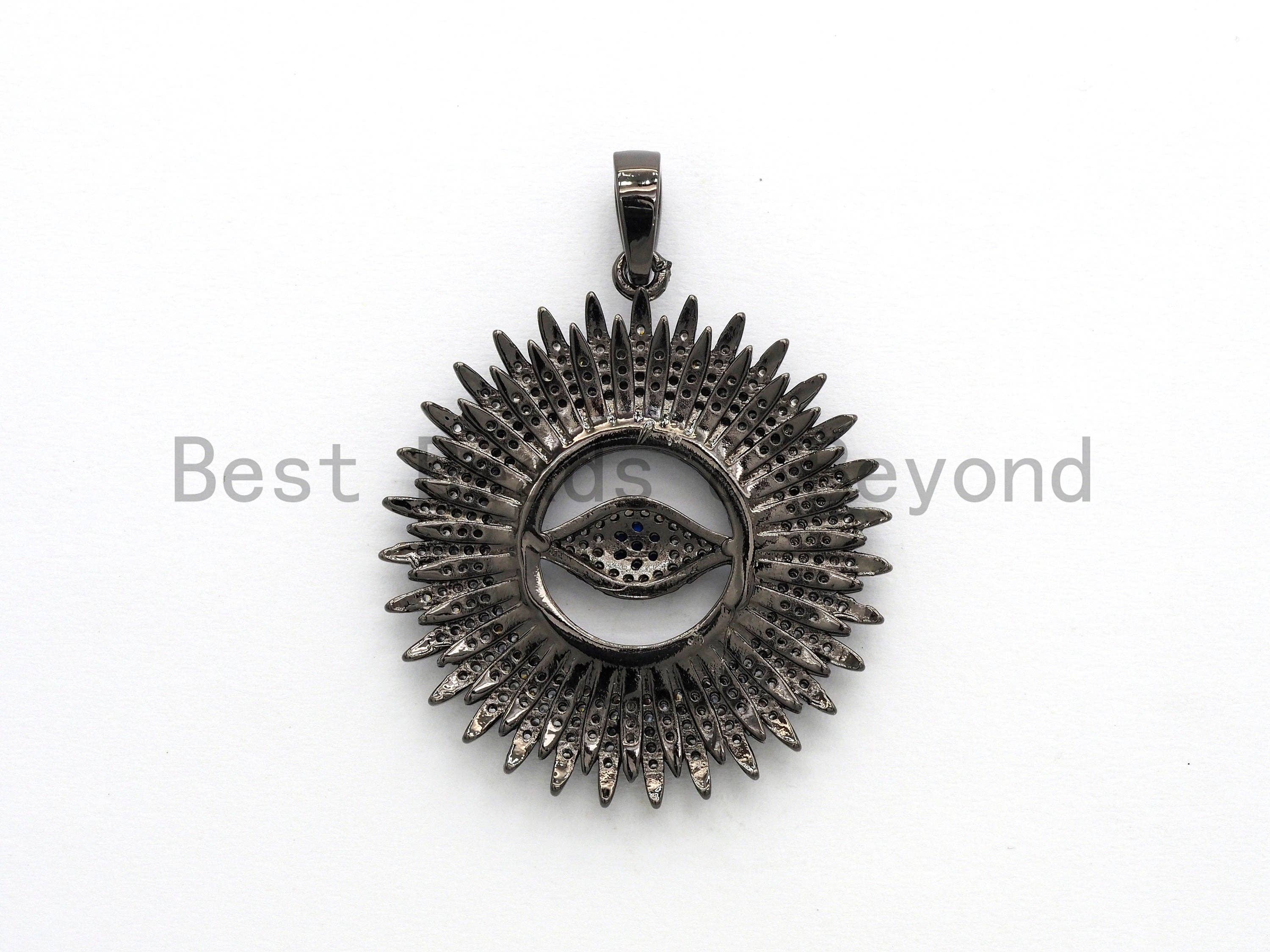 Large CZ Micro Pave Flower With Blue Evil Eye Pendant, Cubic Zirconia Paved Charm/Focal Pendant, Necklace Charm Pendant, 36x39mm,sku#F556