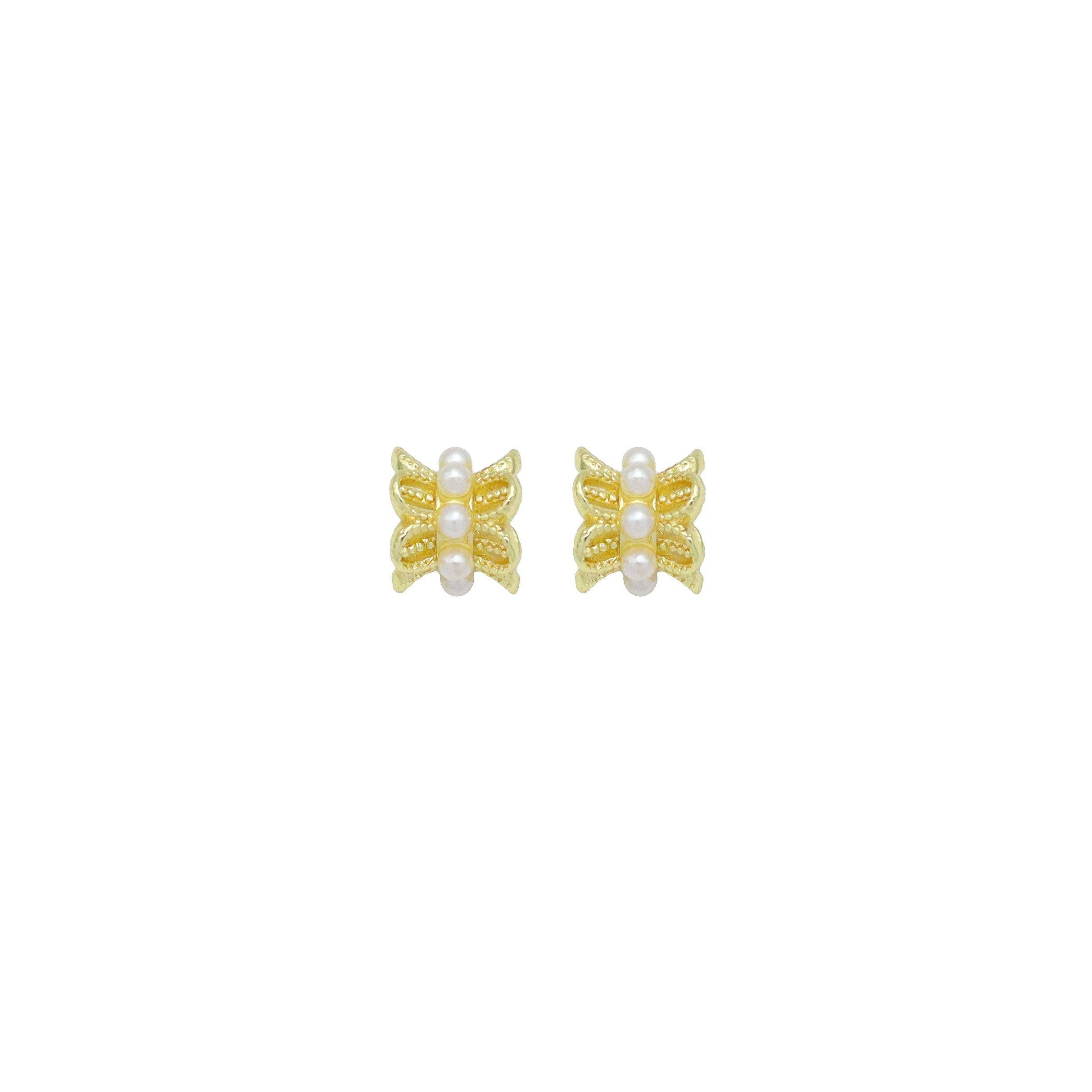 CZ White Pearl Gold Flower Tube Charm Spacer Beads, Sku#A422