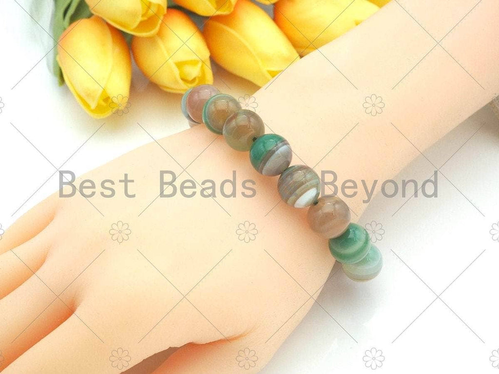 Natural Green Brown Banded Agate Stretchy Bracelet, Sku#EF25c
