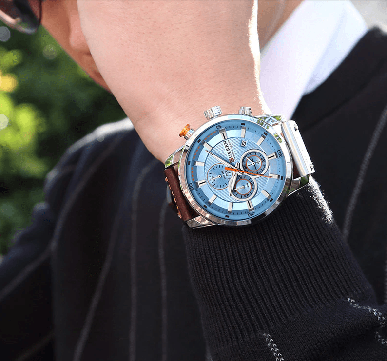Montre de sport élégante et étanche pour homme avec chronomètres, affichage de la date, bracelets en cuir et verre Hardlex résistant aux rayures. Cadeau idéal pour lui.