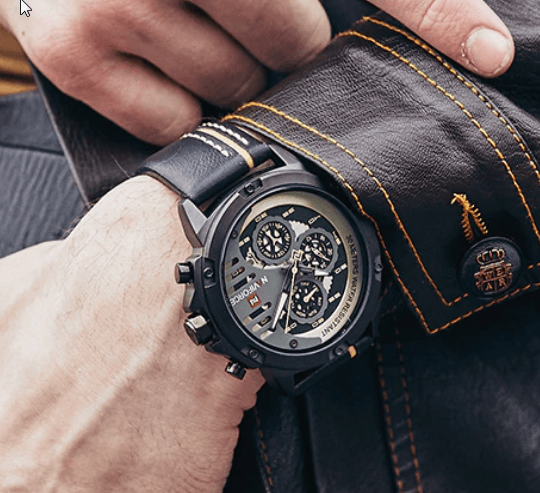 Montre de Sport Étanche Homme avec Chronomètres et Bracelet en Cuir Montre-Bracelet Multifonction Design Unique Cadeau Parfait