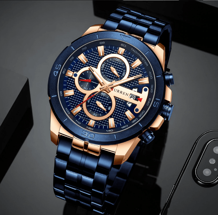 Montre étanche pour homme avec chronomètres, affichage du jour et aiguilles fluorescentes. Design de luxe unique. Cadeau parfait.