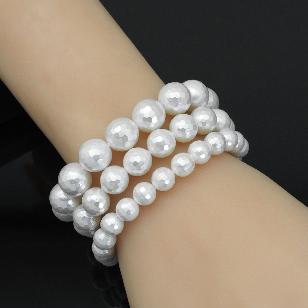 White MOP Round Faceted Stretchy Bracelet, Sku#EF380