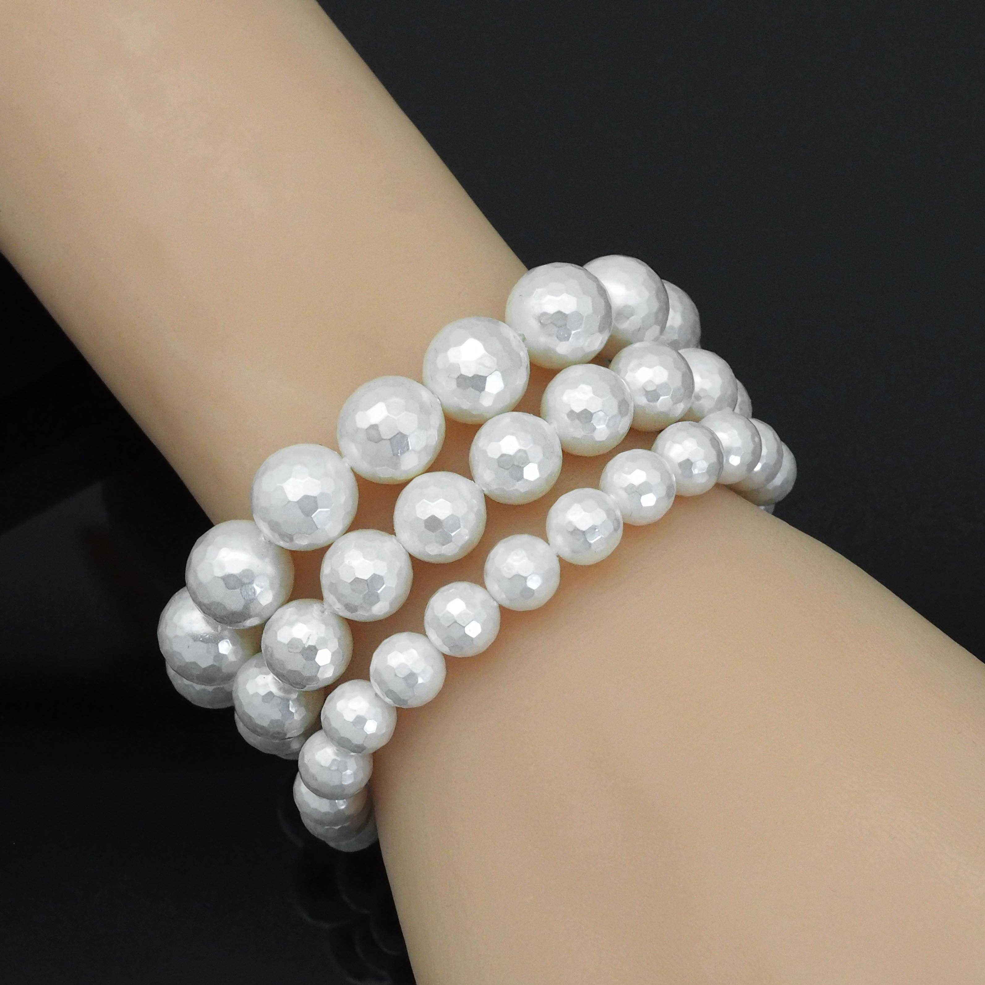 White MOP Round Faceted Stretchy Bracelet, Sku#EF380