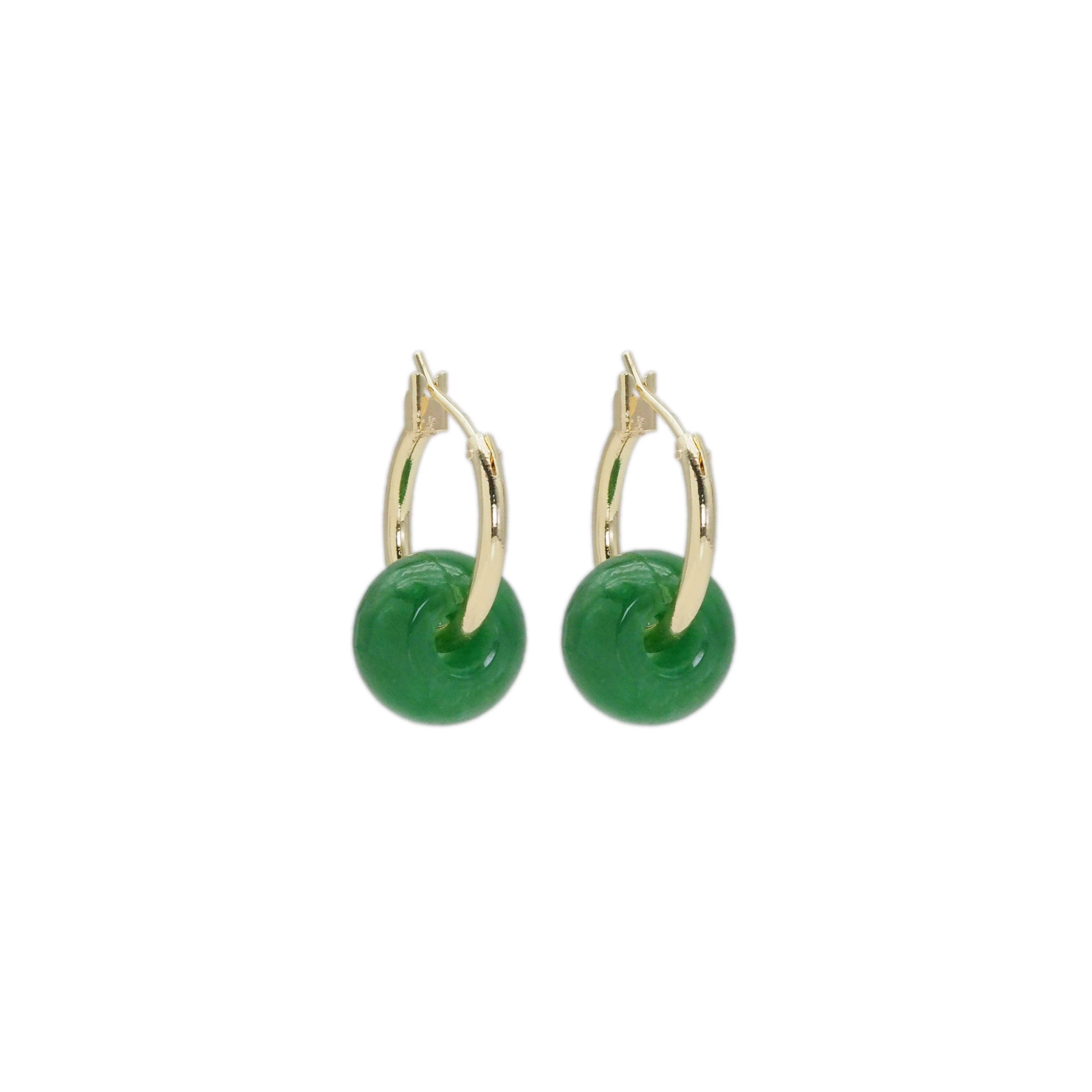 Gold Hoop Thick Green Jade Donut Hoop Earrings, Sku#EF475