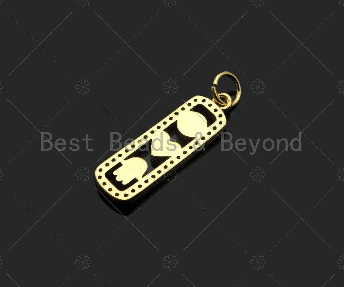 CZ Micro Pave Enamel Heart Evil Eye Hamsa Hand On Rectangle Shape Pendant,Cubic Zirconia Gold Charm,Necklace Bracelet Charm,7x22mm,Sku#Z1302
