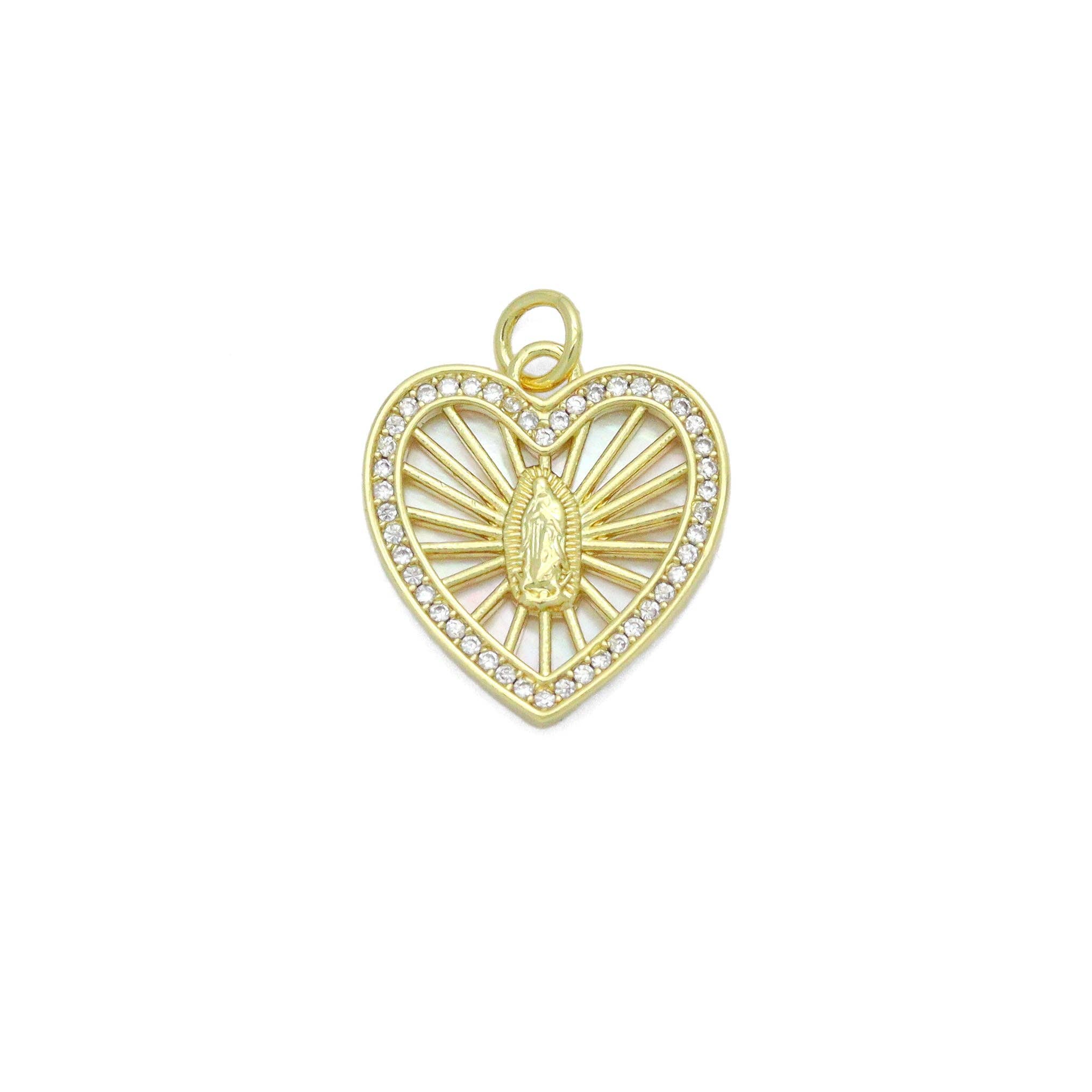 CZ Mother of Pearl Virgin Mary On Radiate Heart Charm Pendant, Sku#LK1149