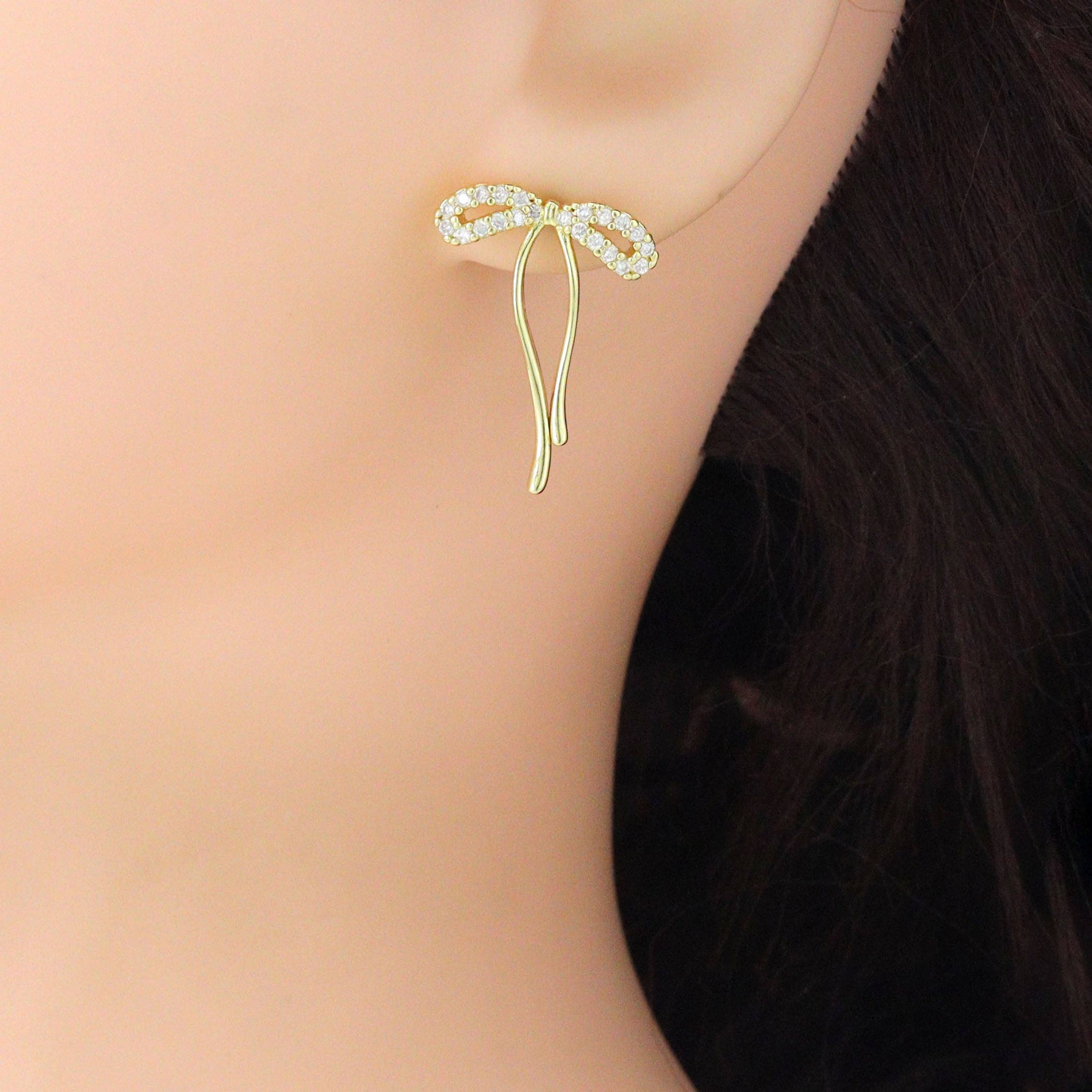 Clear CZ Bowknot Stud Earrings, Sku#LK1218