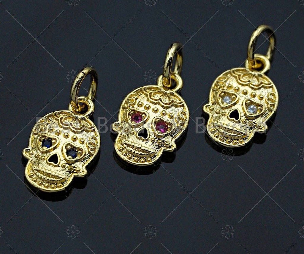 18K Gold Colorful Micro Pave Skull Pendant, Dainty Gold Skul
