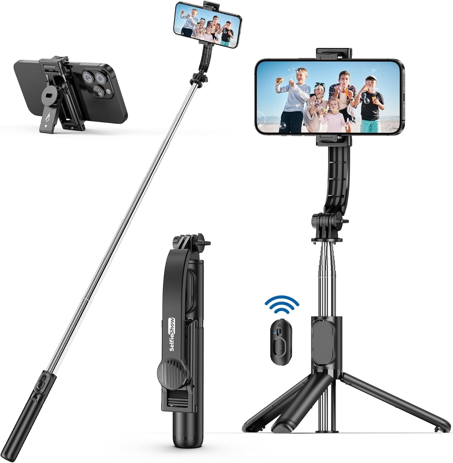 Selfieshow Selfie Stick, Extendable Selfie Stick Tripod with Wireless Remote and Tripod Stand, Portable, Lightweight, Compatible with Iphone 15 14 13 12 Pro Xs Max X 8Plus, Samsung Smartphone and More