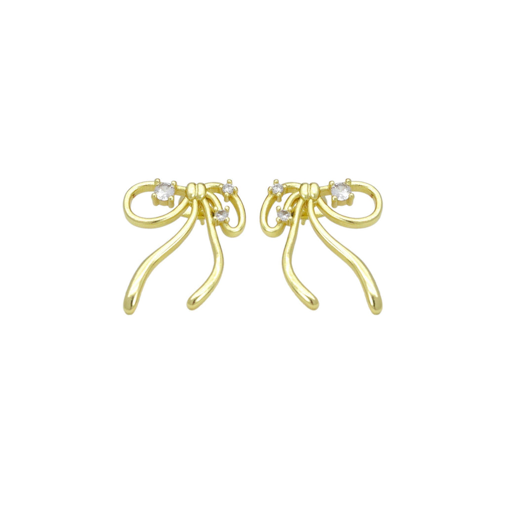 Clear CZ Gold Bowknot Stud Earrings, Sku#LK1006