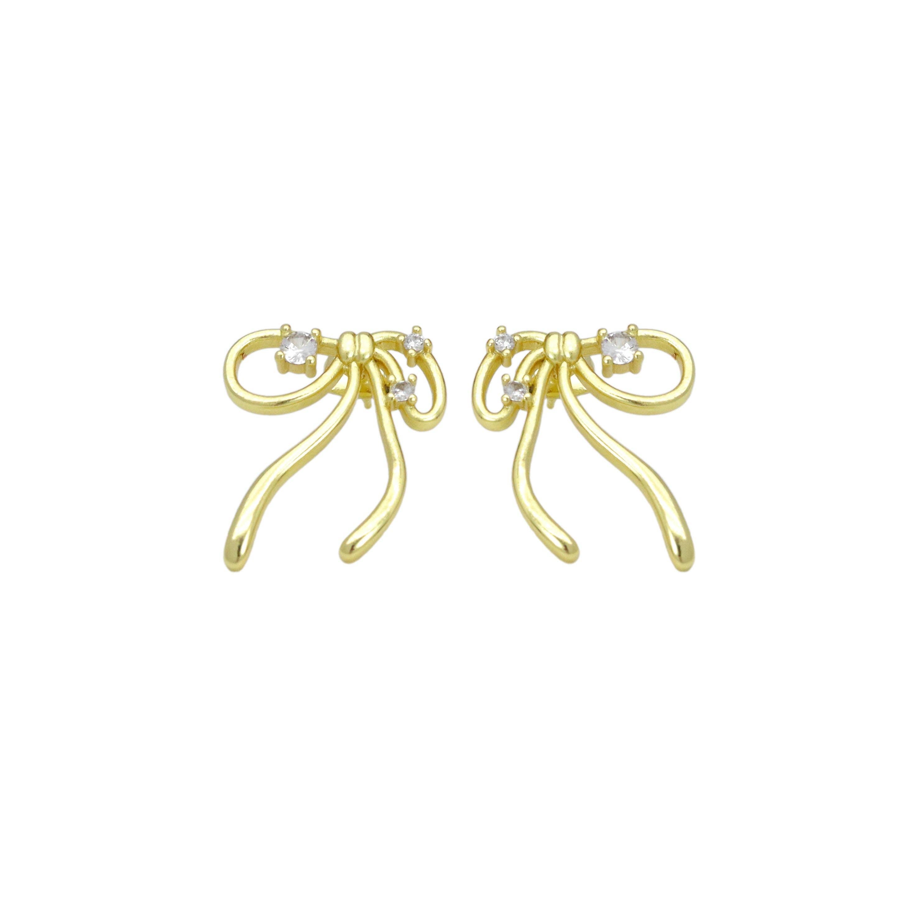 Clear CZ Gold Bowknot Stud Earrings, Sku#LK1006