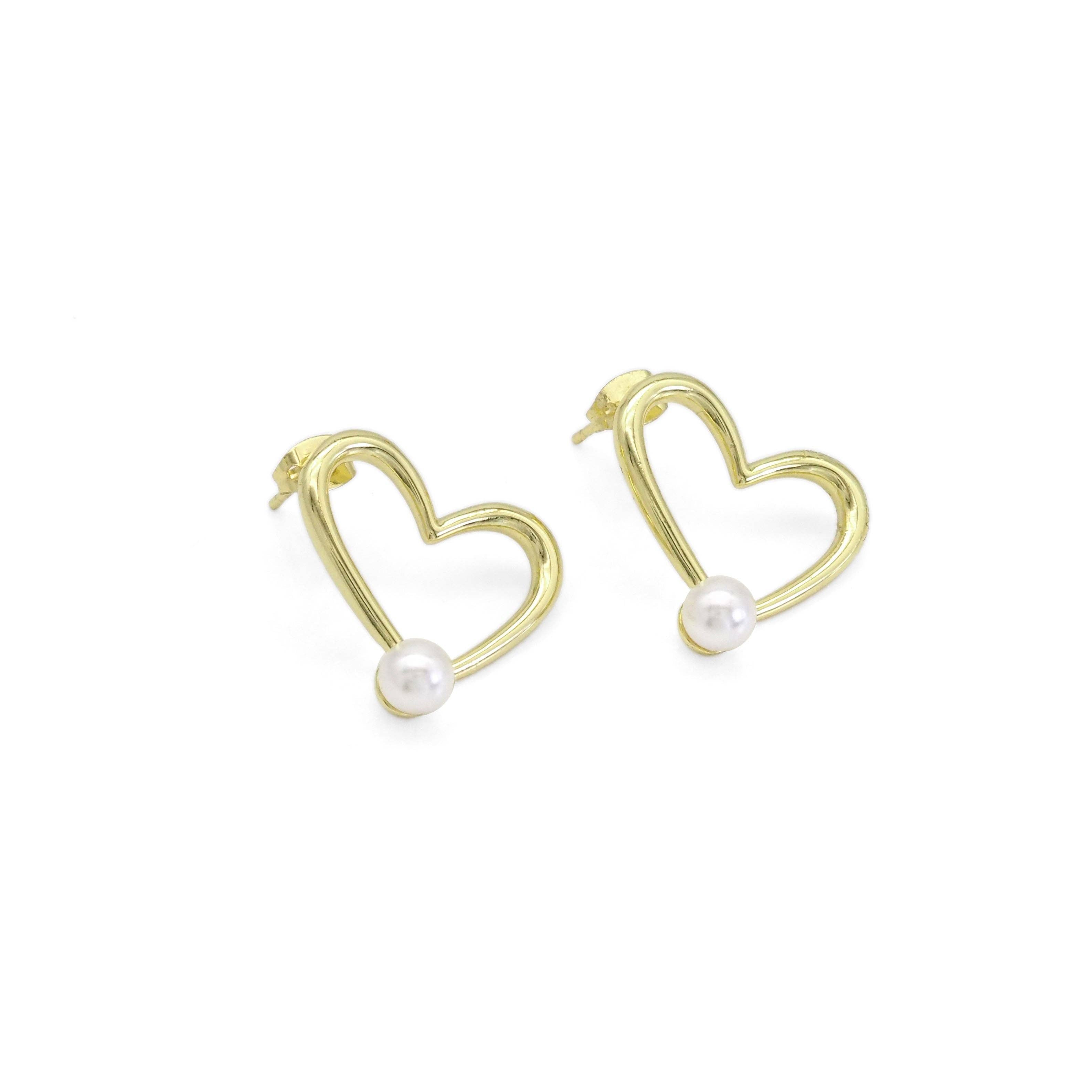 Gold White Pearl Heart Stud Earrings, Sku#LD478