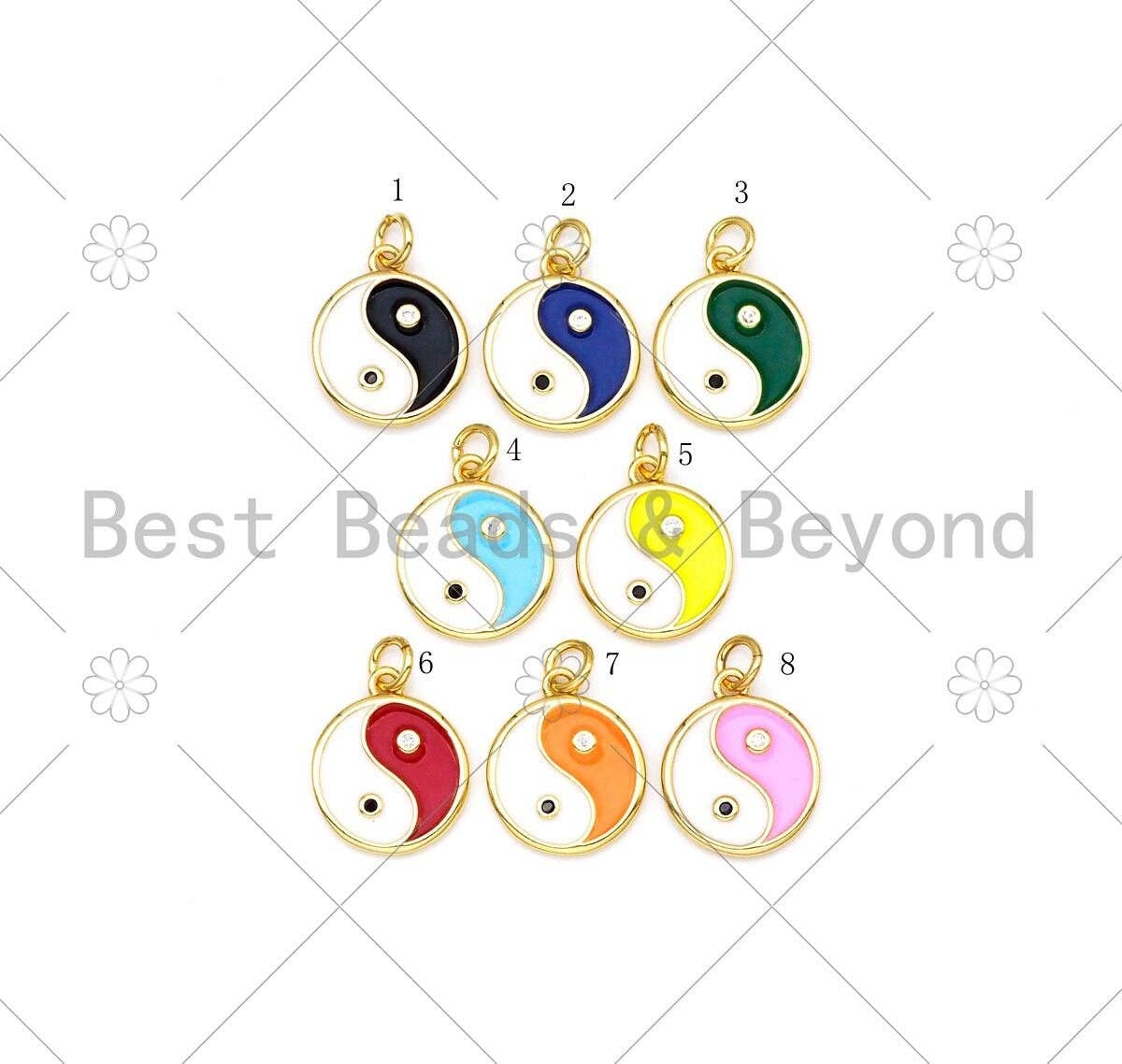 Colorful Enamel Round Yinyang Shape Pendant, 18K CZ Religious Charm, Necklace Bracelet Charm Pendant,13x15mm,Sku#Z1403