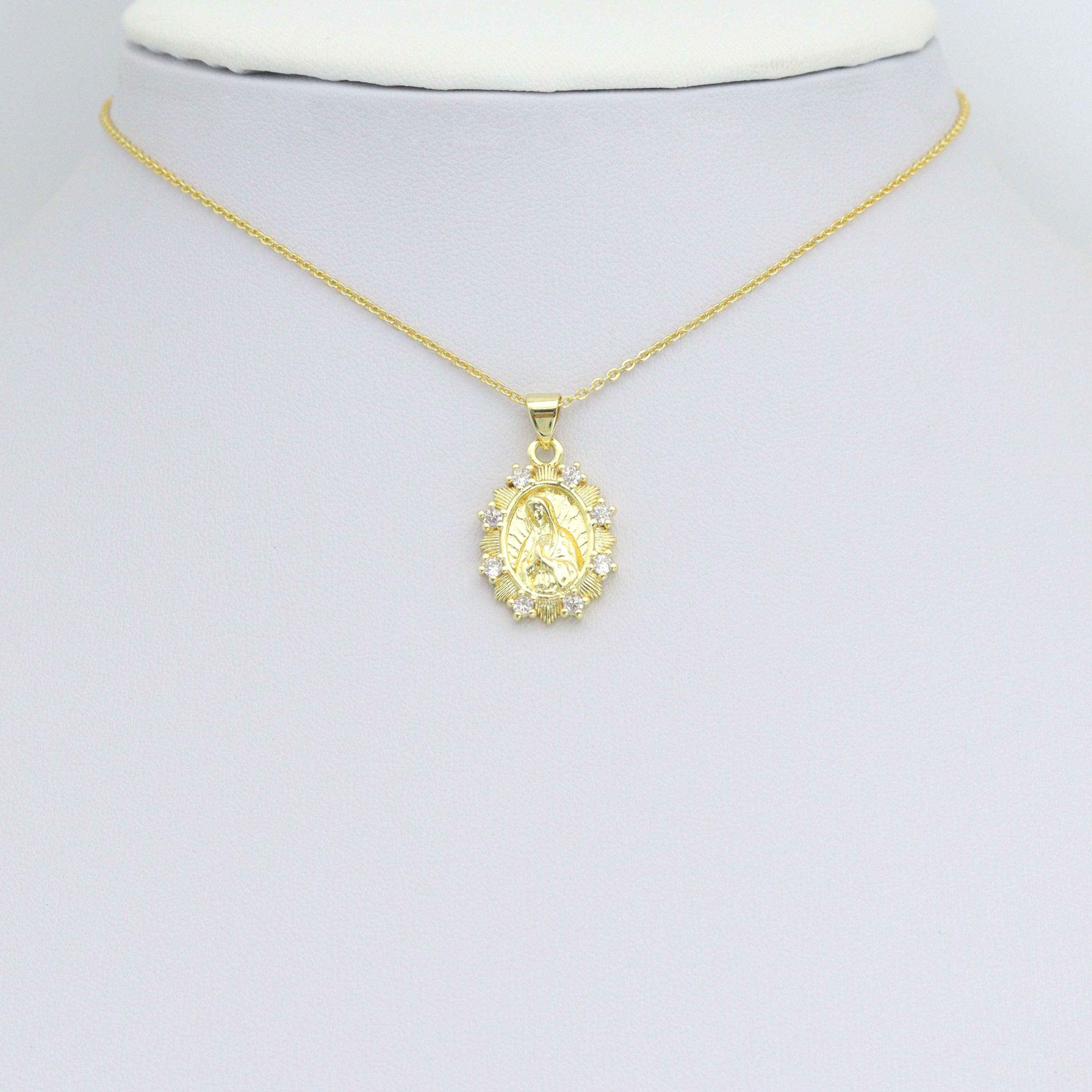 Clear CZ Gold Virgin Mary On Oval Picture Frame Charm Pendant, Sku#LK1204