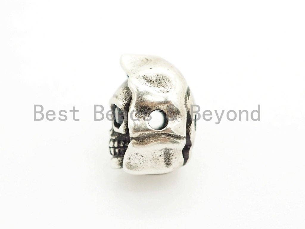 Antique Gold/Silver/Copper Skull with Hat Bead, CZ Pave Double Face Skull, Men's Bracelet Beads, Skull Charm, 10x13x10mm, 1pc, sku#Y137