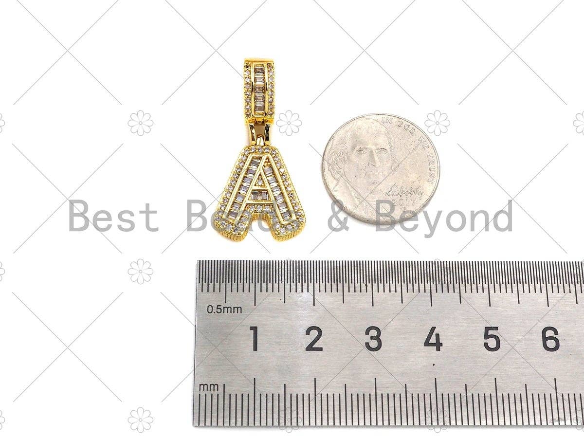 18K Gold Baguette CZ Initial Letter Pendant, A -Z Alphabet Letter, Large Hole Personalized name Charm for Jewelry Making, 16x33mm,sku#LD76