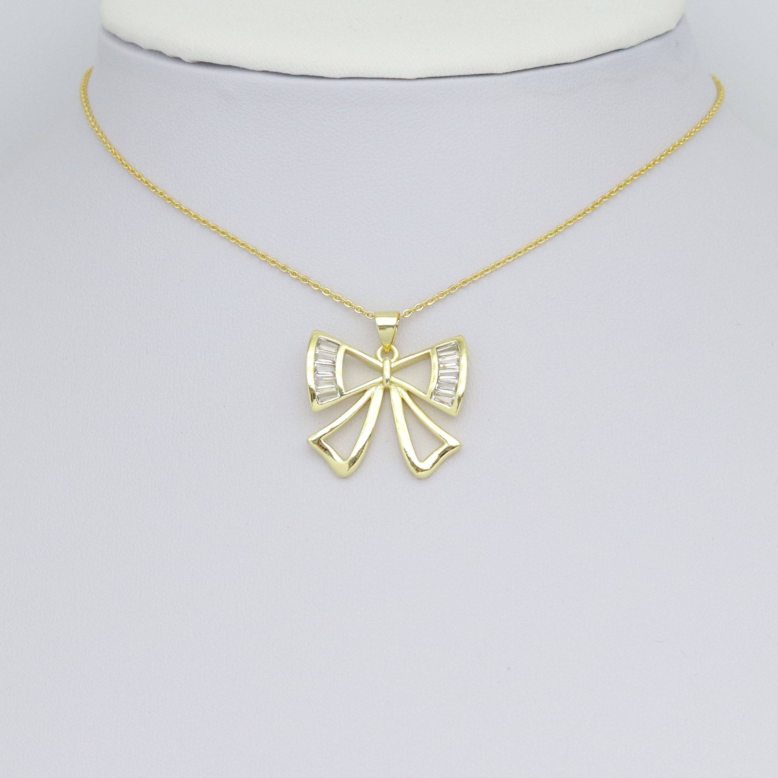 Baguette CZ Gold Bow  Shape Charm Pendant, Sku#LX747