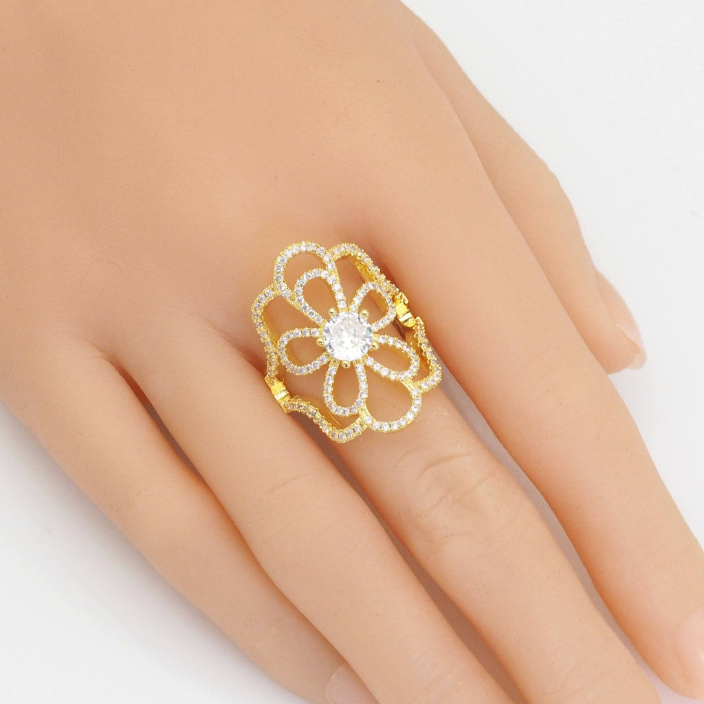 Gold Silver Filigree Flower Statement Ring, Sku#LX380