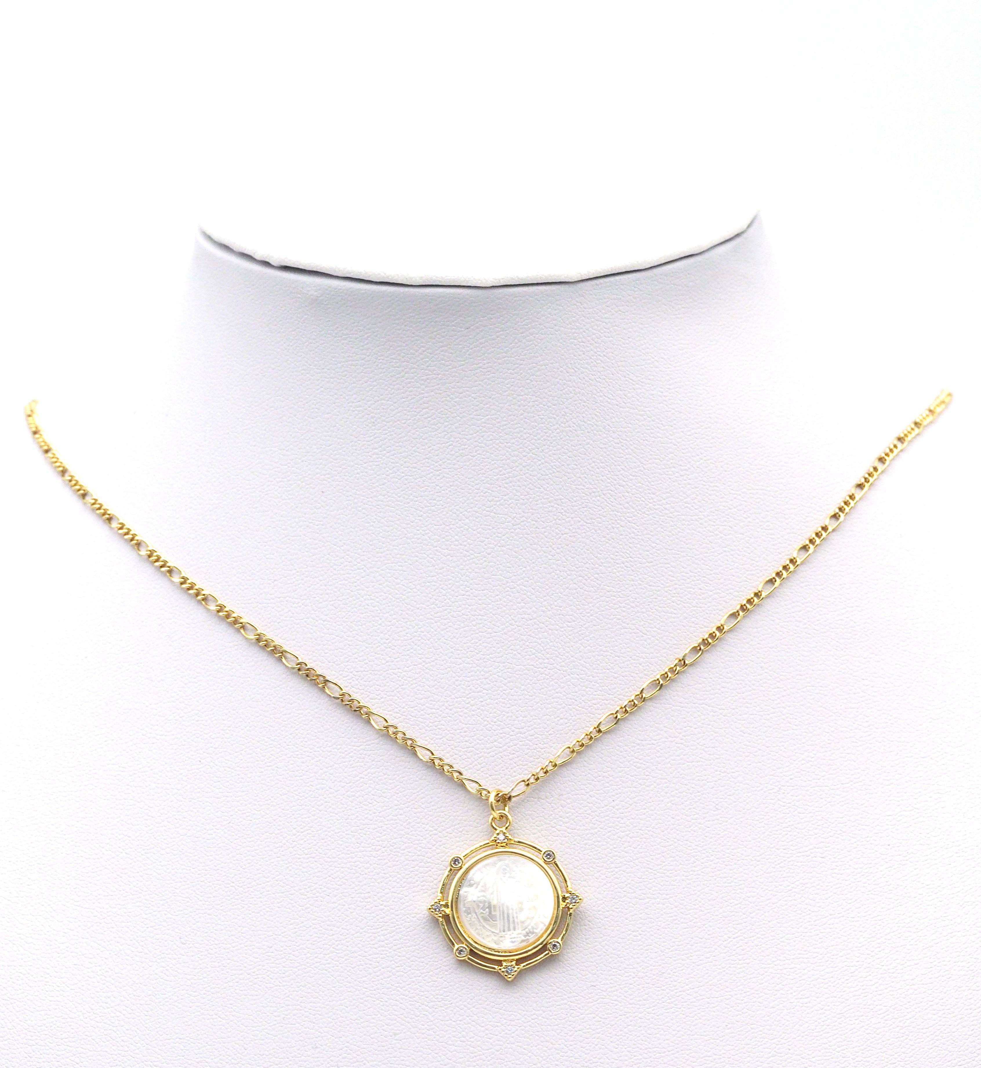 CZ Gold White Mop Pearl Mary Religious Charm, Sku#LX137