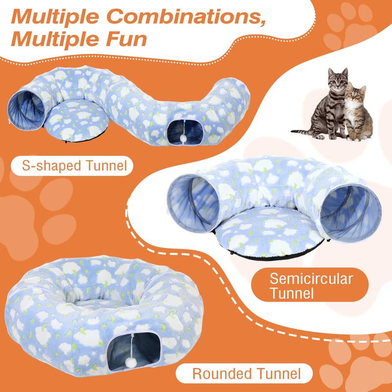 Cat Tunnels for Indoor Cats, 35'' Plush Cat Tunnel Bed Christmas Tree Skirt with Playful Ball and Circle Cushion, Foldable Peekaboo Cave, Interactive Toy