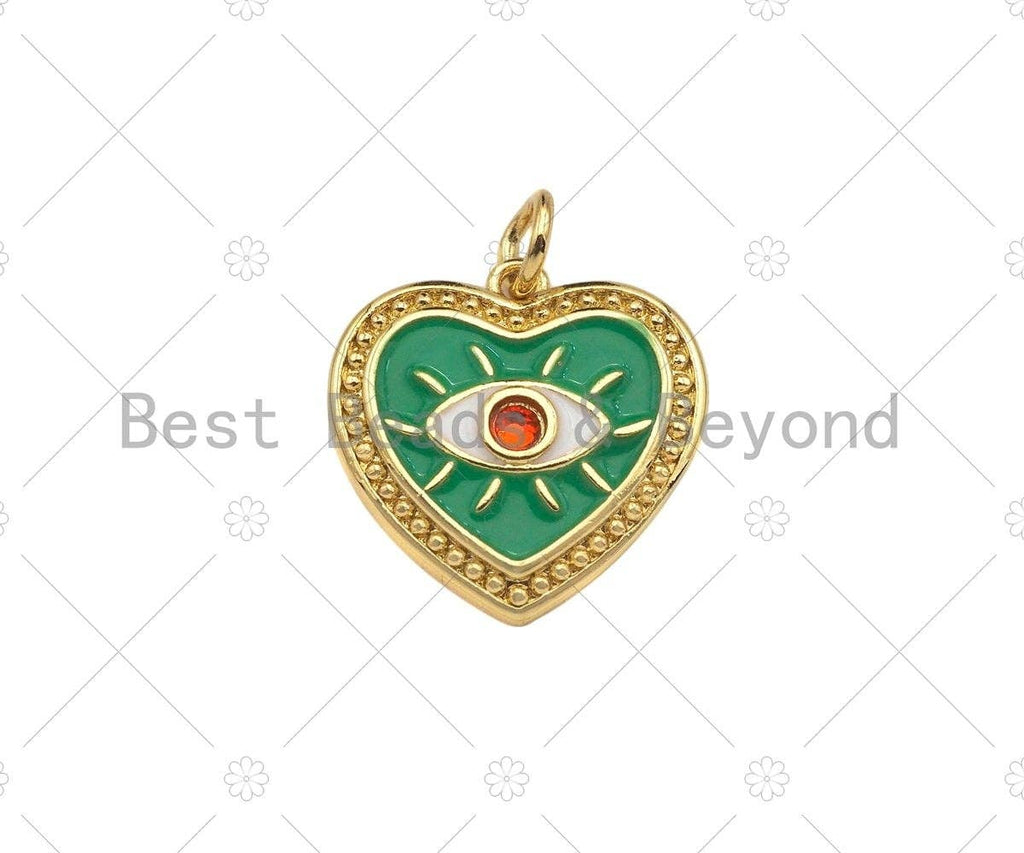 Red CZ Evil Eye On Pink/Green Enamel Heart Gold Pendant,CZ Micro Pave 18K Gold Pendant, Enamel Charm,Enamel Jewelry,15x15mm,Sku#Z1349