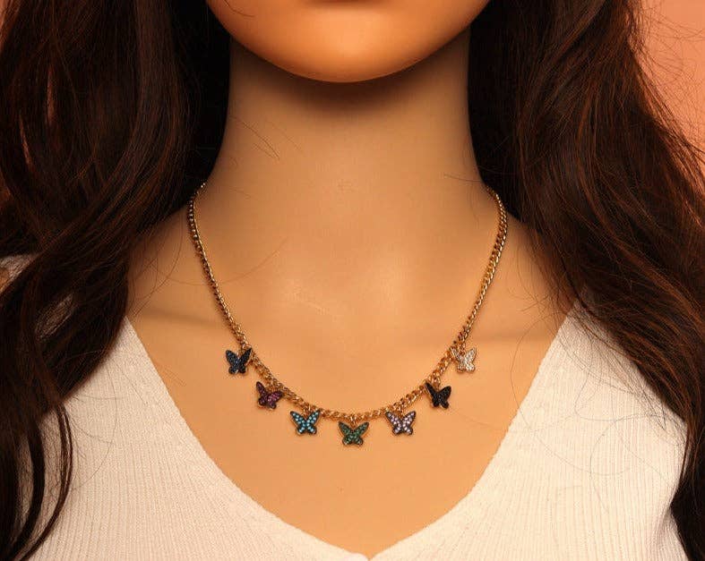 Gold thin cuban chain Butterfly Necklace,sku#LD395