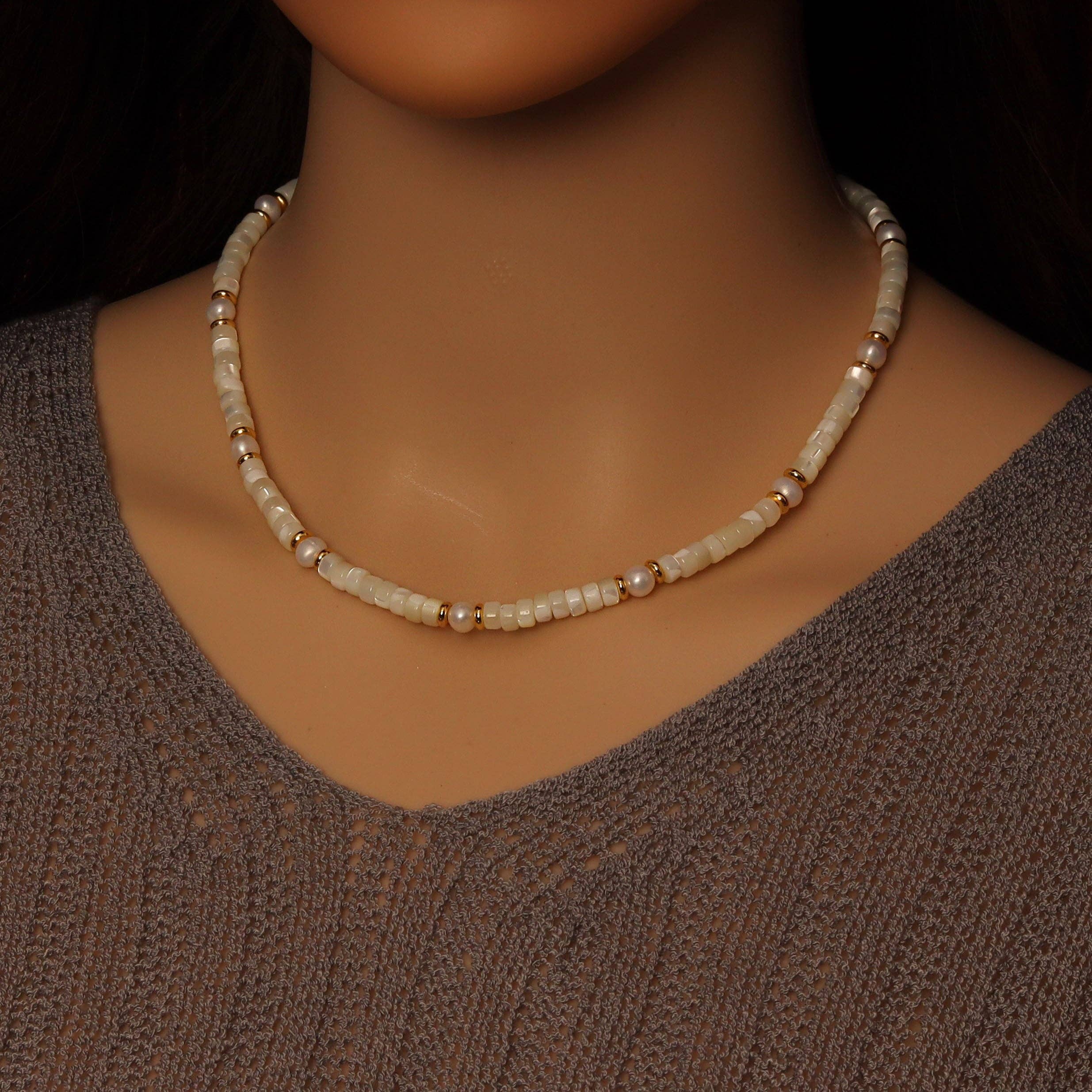 Natural Mother of Pearl Heishi Beads with Gold spacer neckla